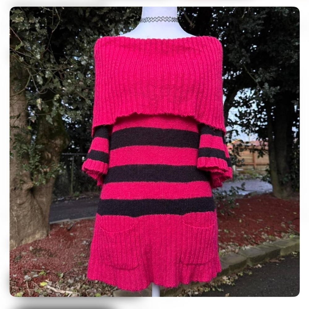 Max Rave Off-the-Shoulder Hot Pink and Black Striped Knit Sweater